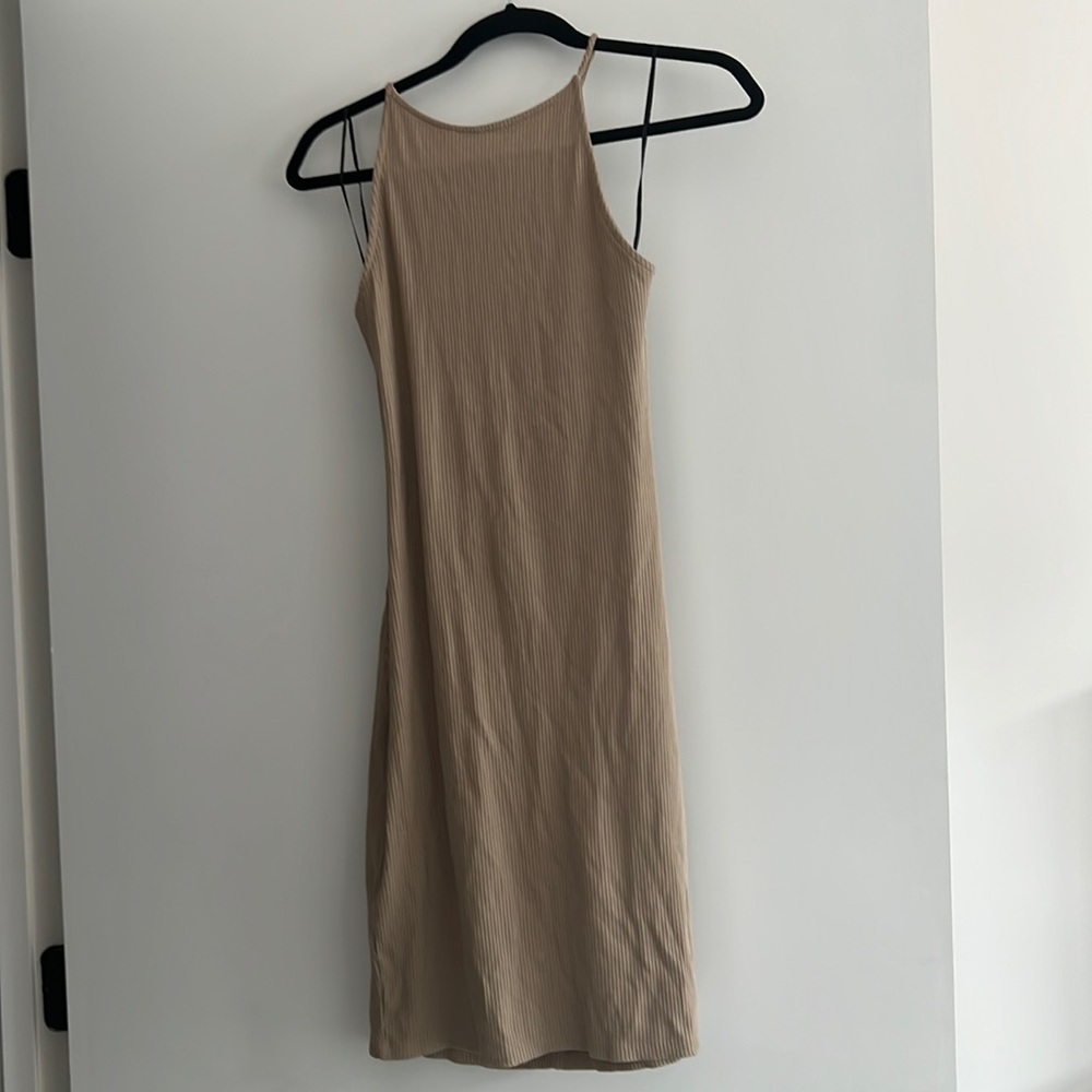 Tan open back mini dress